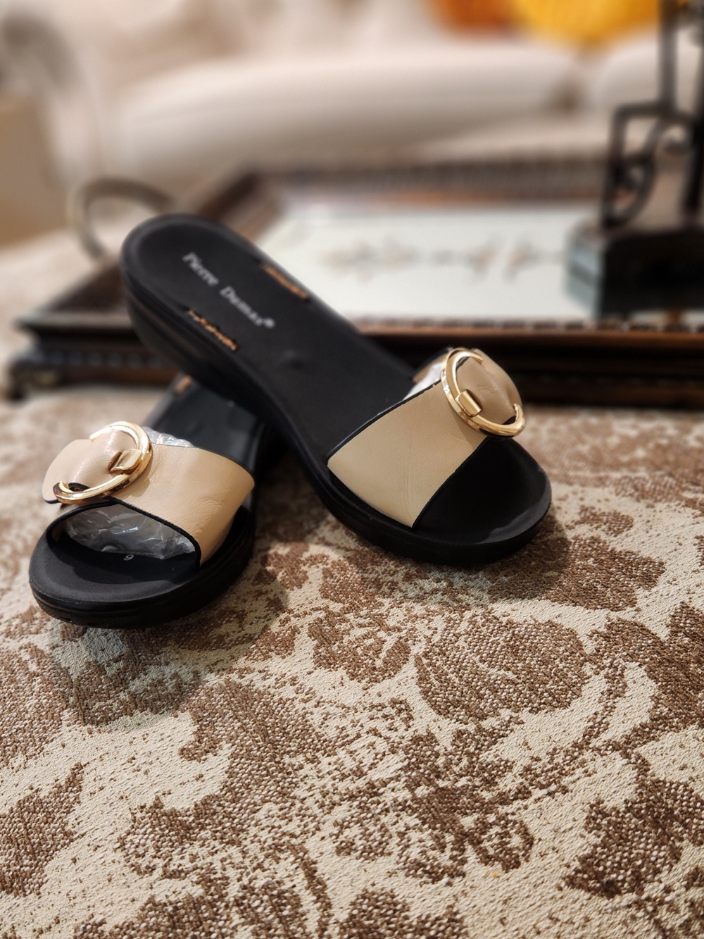 Pierre Dumas Black and Beige Slide Sandals with Gold Ring Accent
